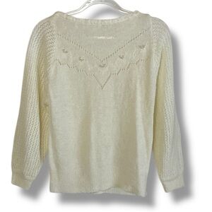 Vintage 80s Sweater Cream Beaded Pearl Delicate Lightweight Knit Size Small